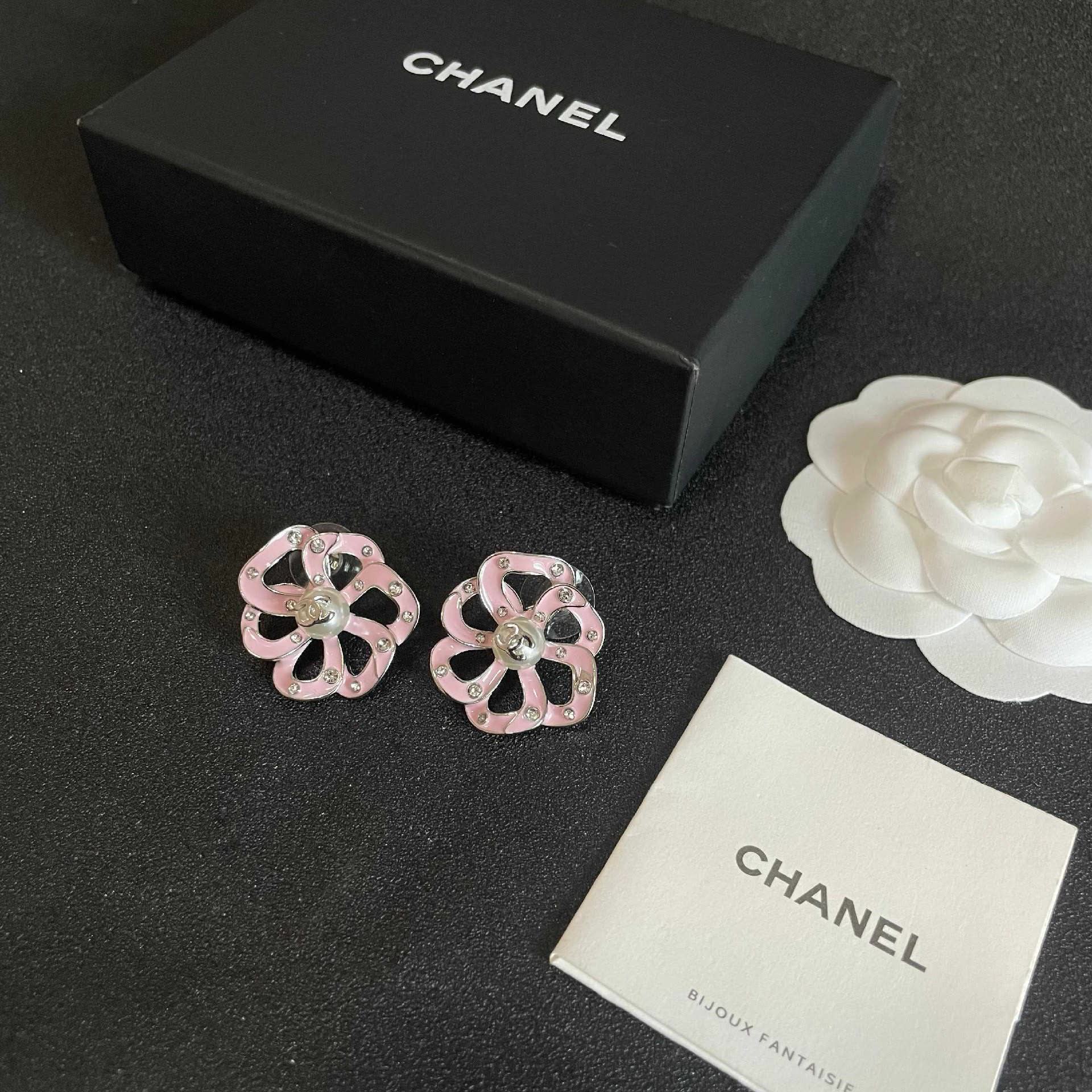 Chanel Pink Camellia Stud Earrings