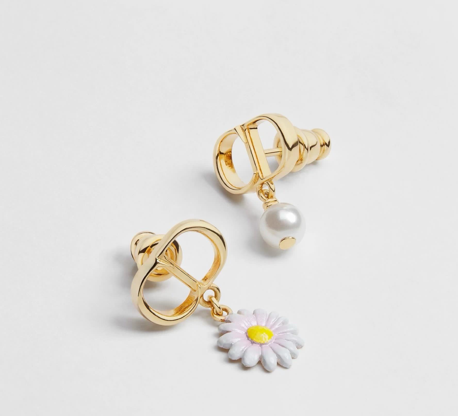 Dior Gold Tone Earrings with Flower and Pearl