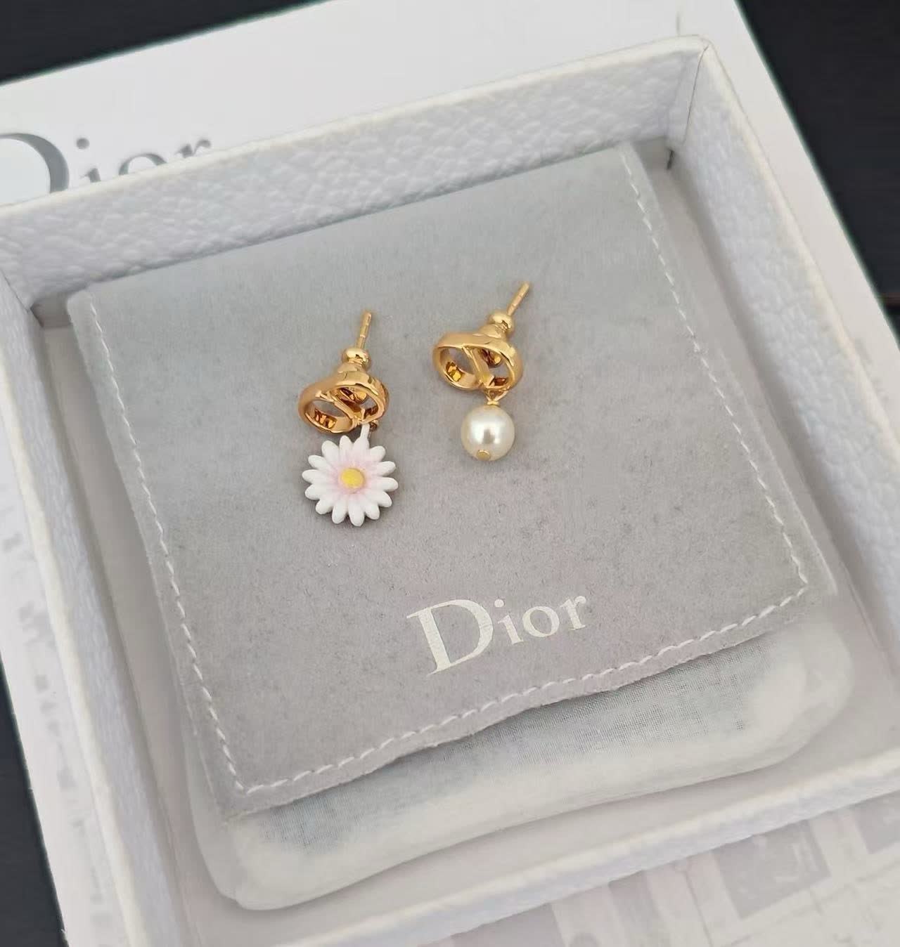 Dior Gold Tone Earrings with Flower and Pearl