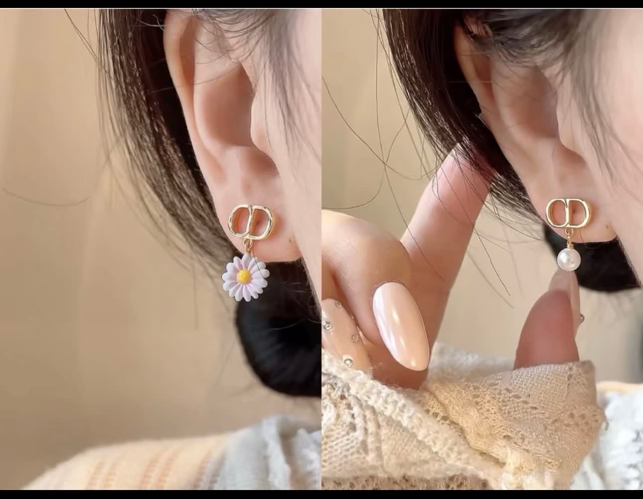 Dior Gold Tone Earrings with Flower and Pearl