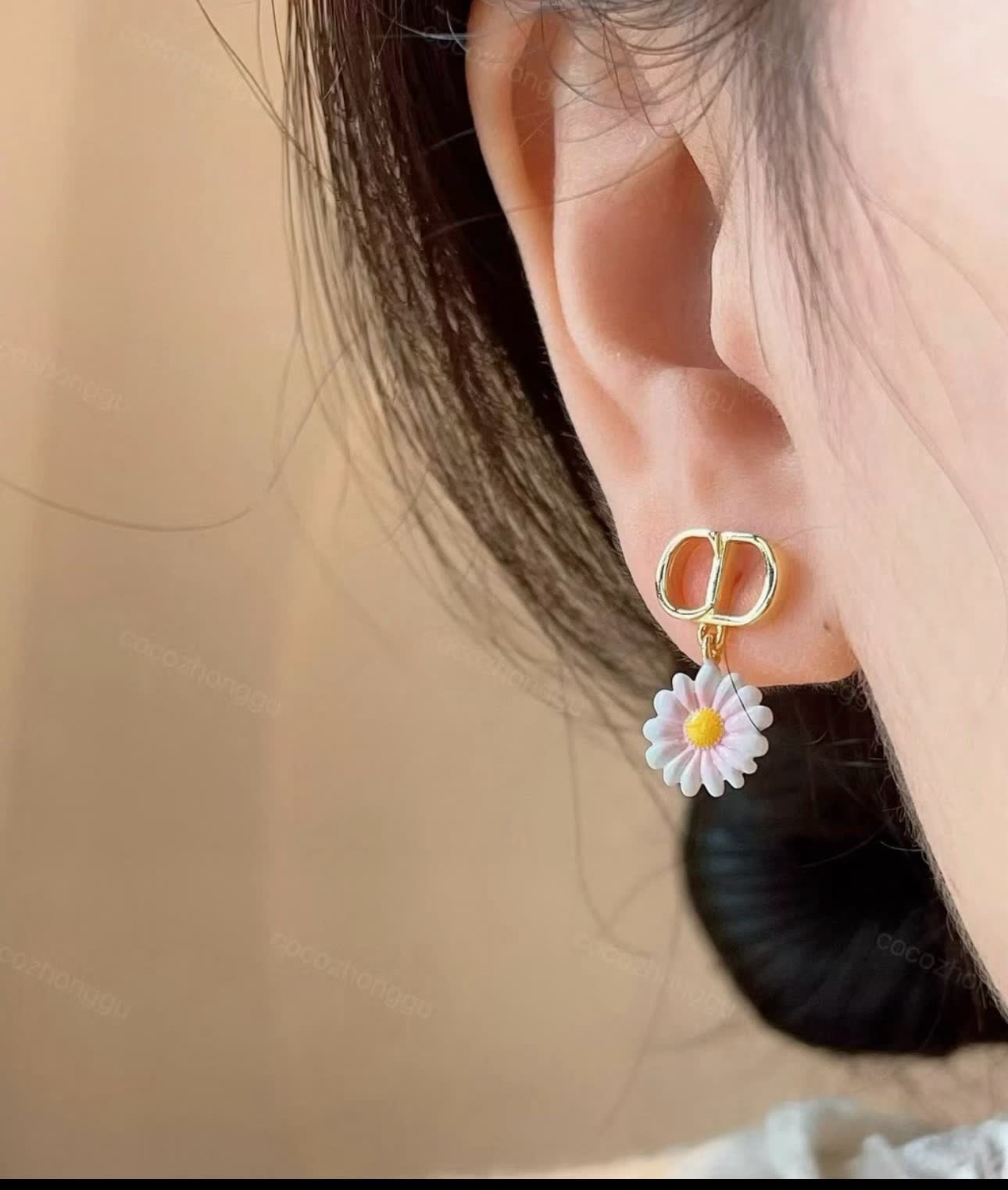 Dior Gold Tone Earrings with Flower and Pearl