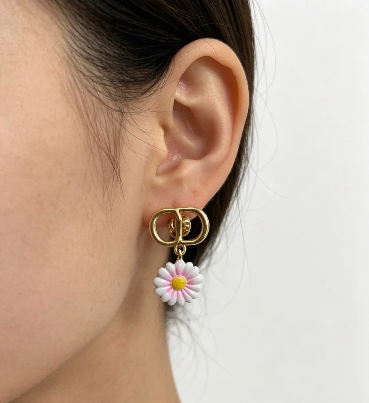 Dior Gold Tone Earrings with Flower and Pearl