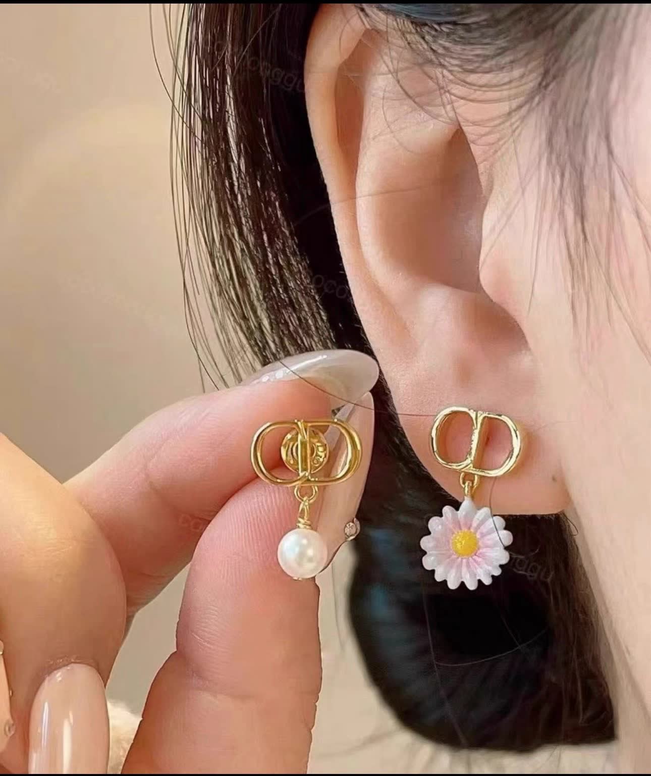 Dior Gold Tone Earrings with Flower and Pearl