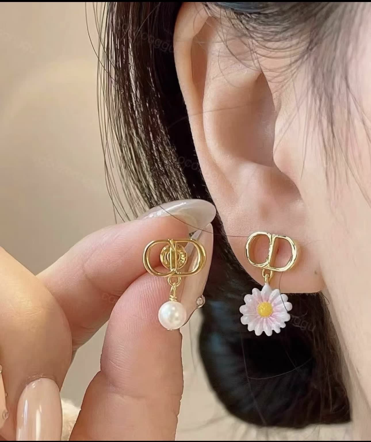 Dior Gold Tone Pearl and Enamel Daisy Stud Earrings