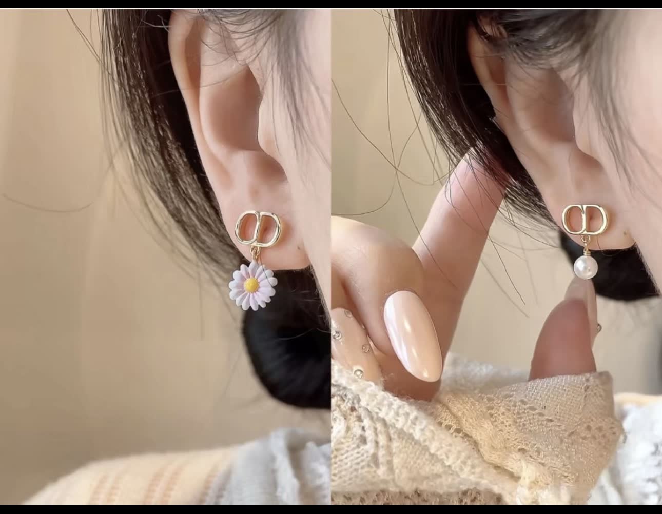Dior Gold Tone Pearl and Enamel Daisy Stud Earrings