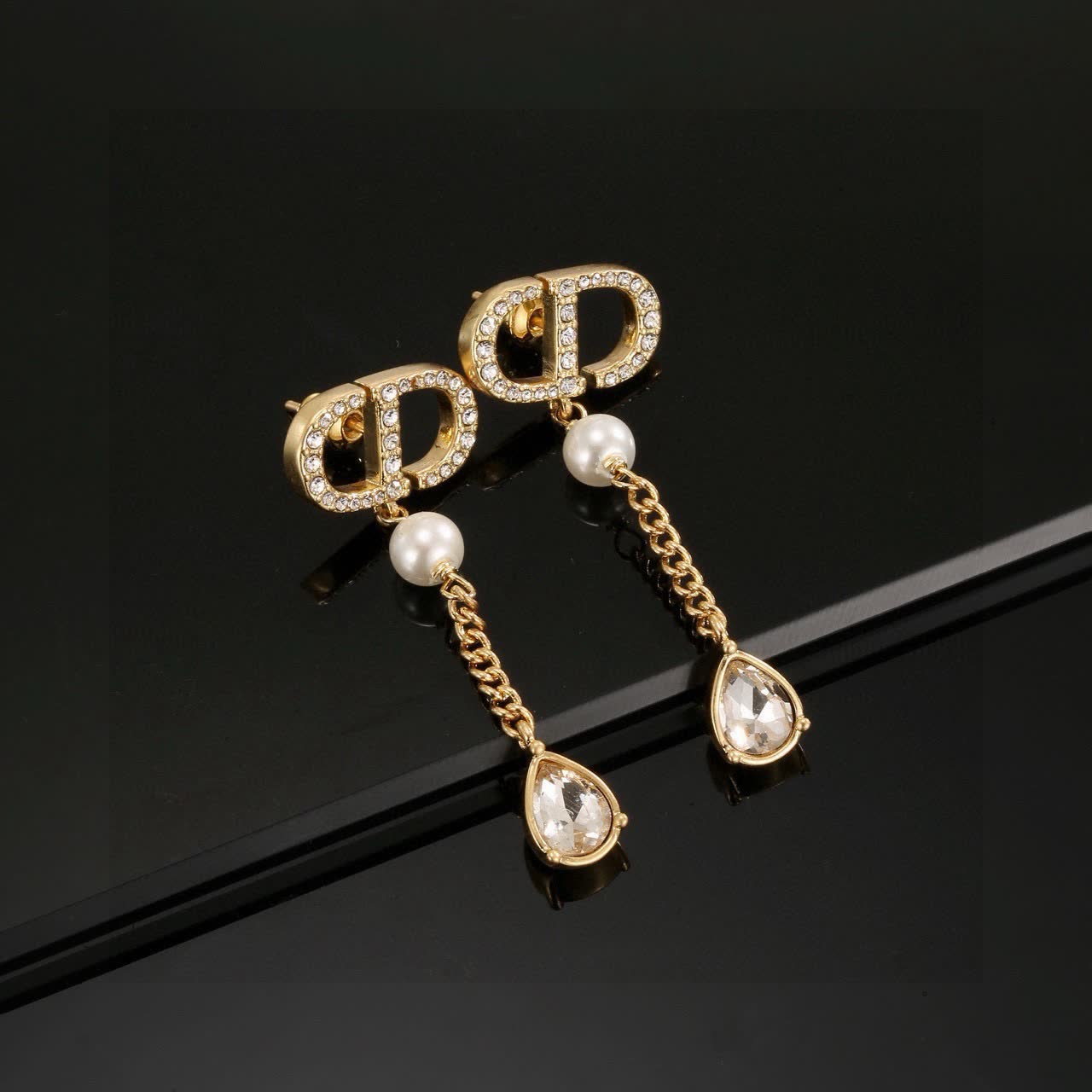 Dior Gold-tone Crystal & Pearl Drop Earrings