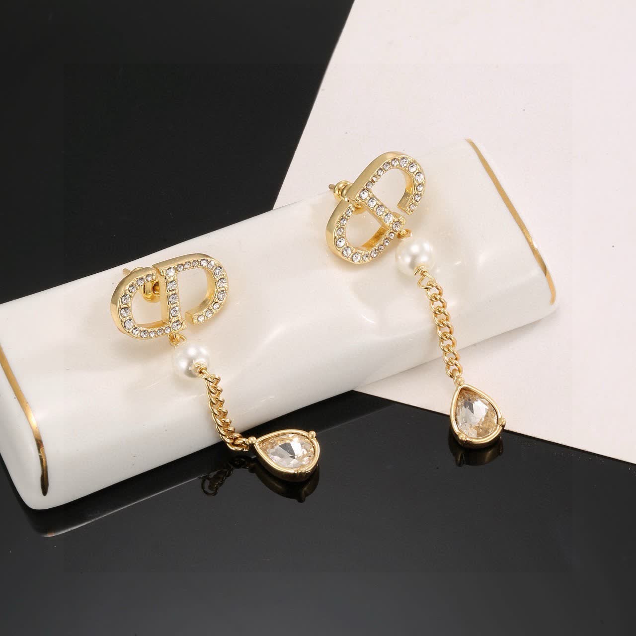 Dior Gold Tone Crystal & Pearl Drop Earrings