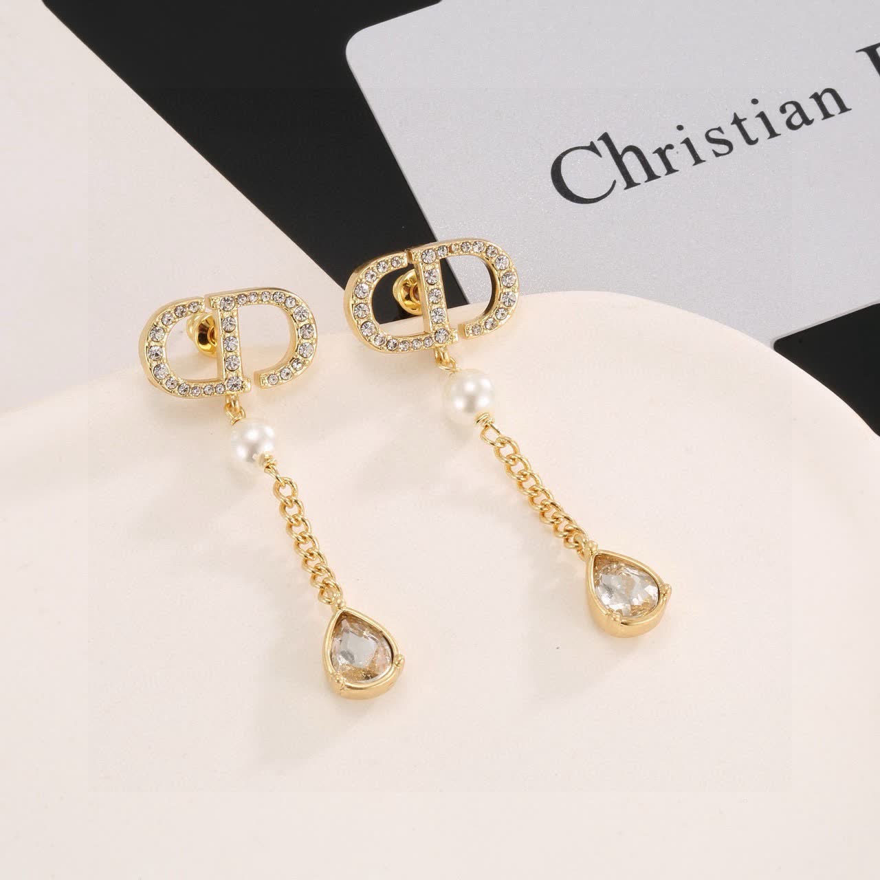 Dior Gold Tone Crystal & Pearl Drop Earrings