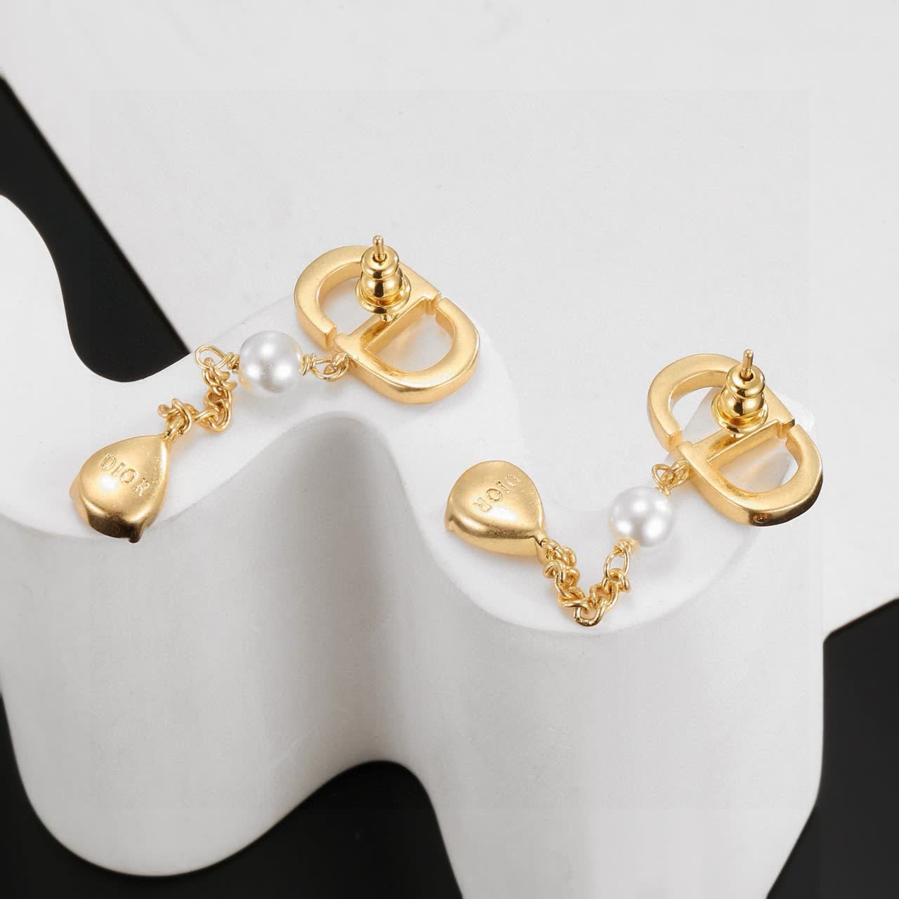 Dior Gold Tone Crystal & Pearl Drop Earrings