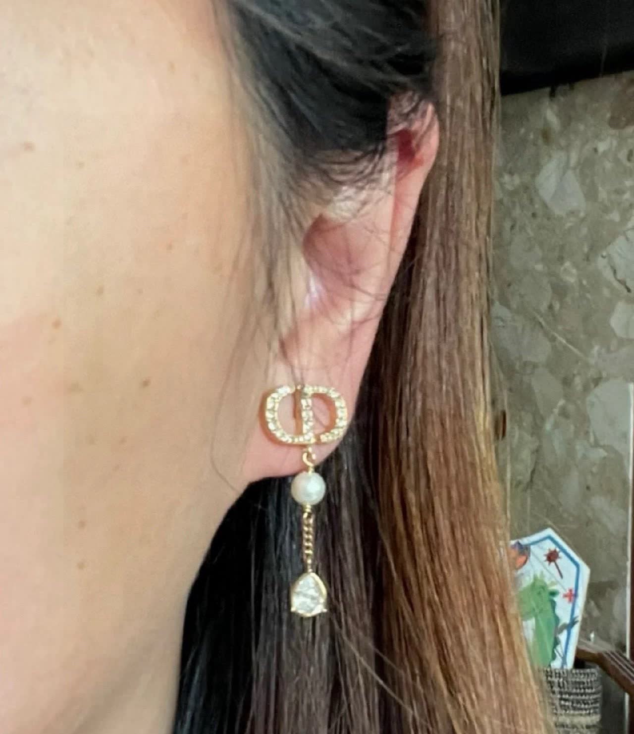 Dior Gold Tone Crystal & Pearl Drop Earrings
