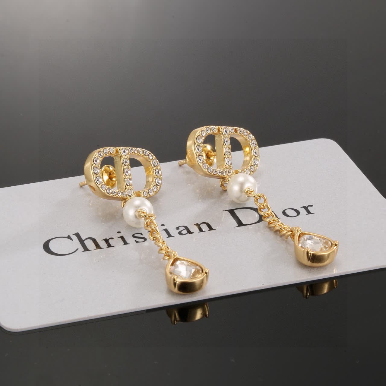 Dior Gold Tone Crystal & Pearl Drop Earrings