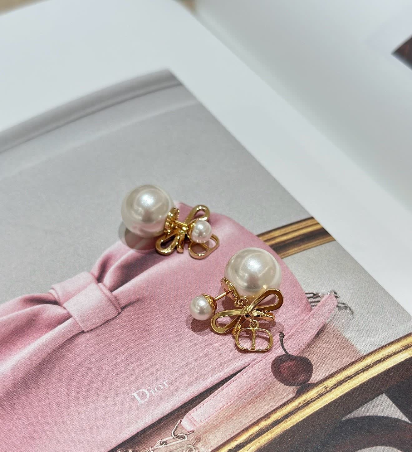 Dior Gold Bow & Pearl Earrings