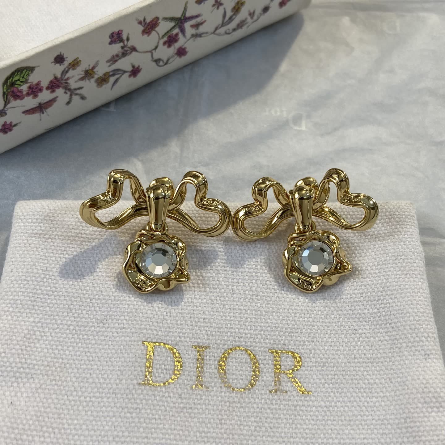 Dior Gold Tone Crystal Bow Earrings Dior Gold Tone Crystal Bow Earrings
