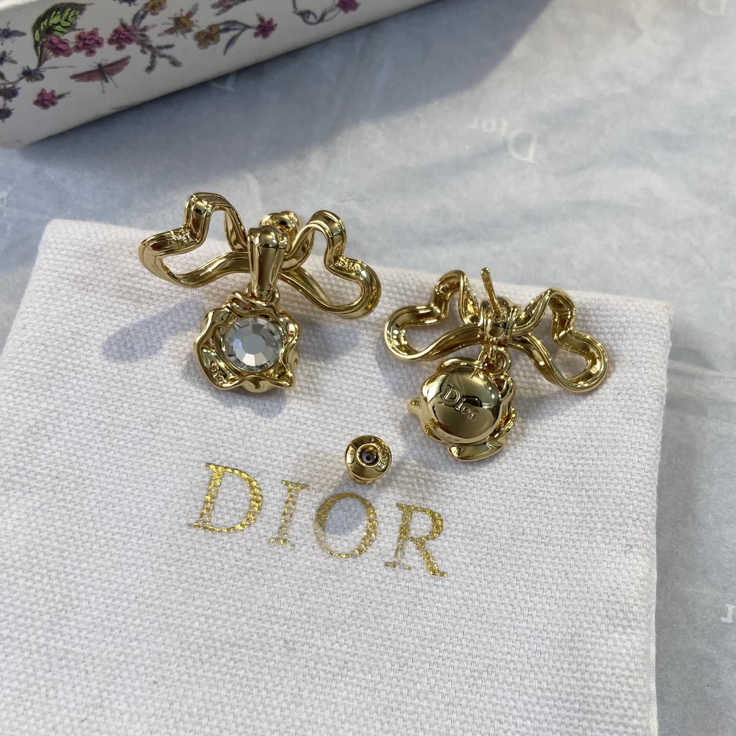 Dior Gold Tone Crystal Bow Earrings