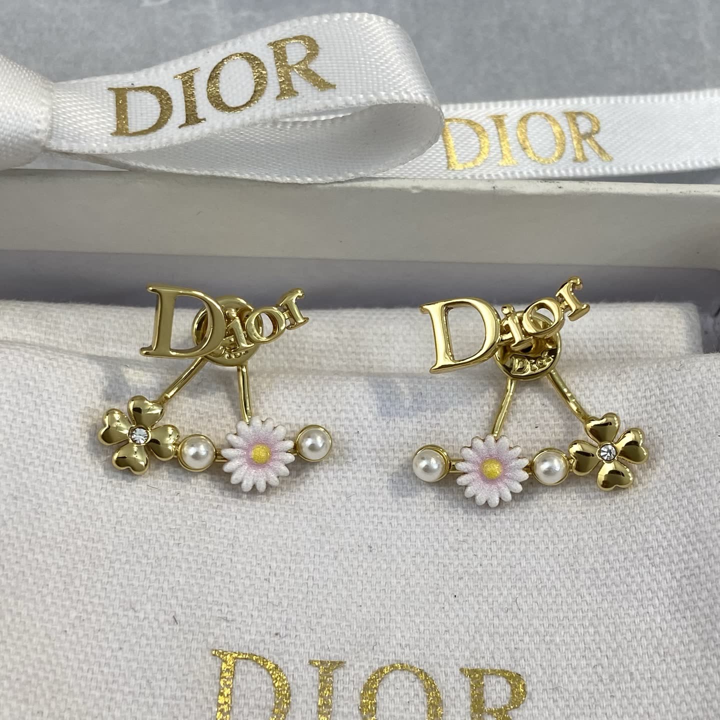 Dior Gold Tone Flower and Pearl Earrings Dior Gold Tone Flower and Pearl Earrings