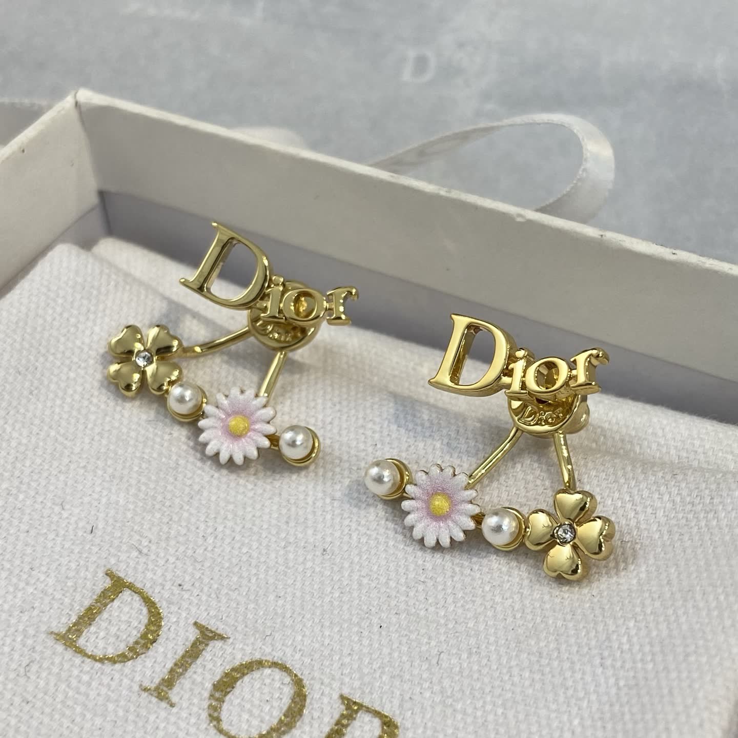 Dior Gold Tone Flower and Pearl Earrings