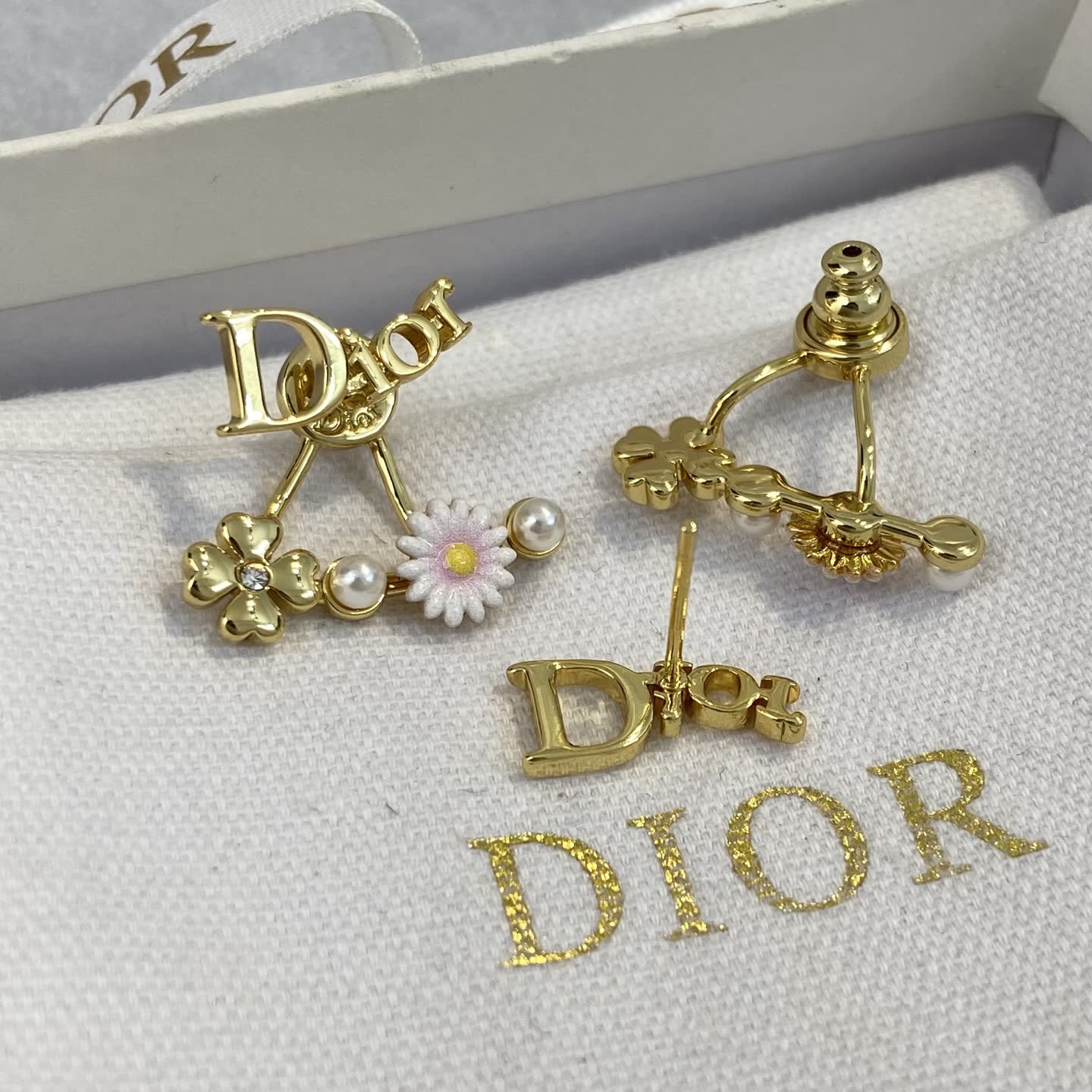 Dior Gold Tone Flower and Pearl Earrings