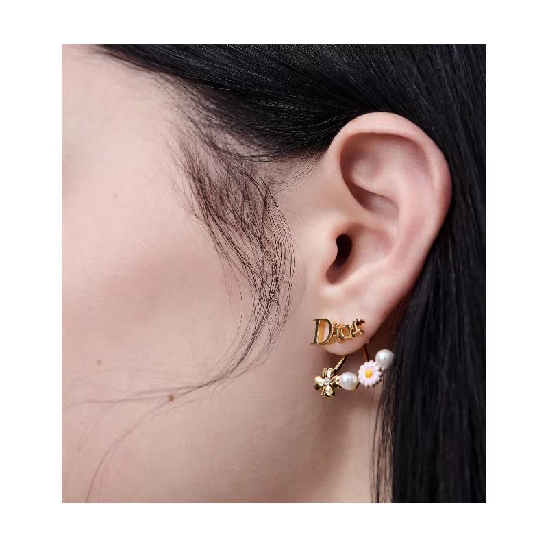 Dior Gold Tone Flower and Pearl Earrings