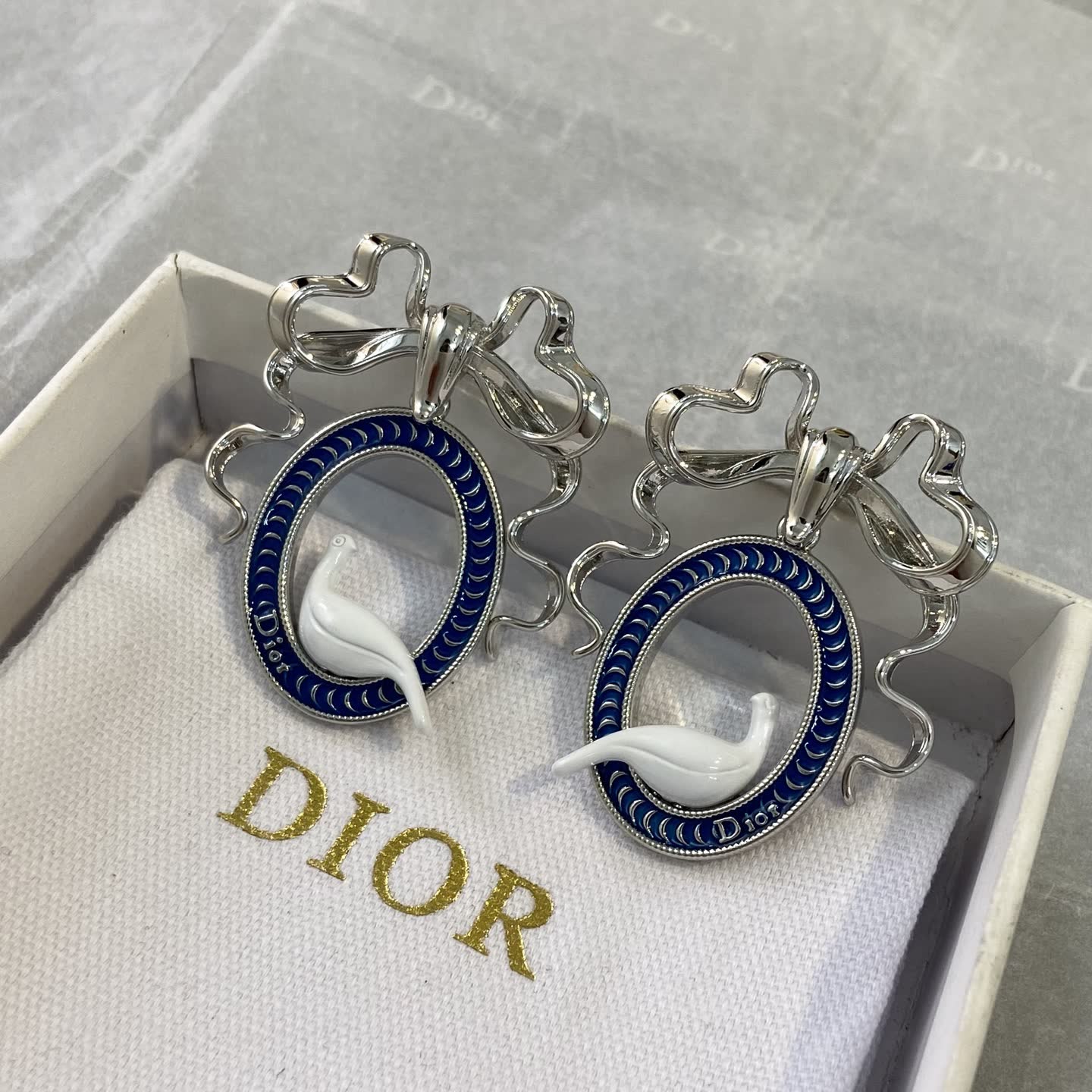 Dior Silver Blue Enamel Dove Earrings