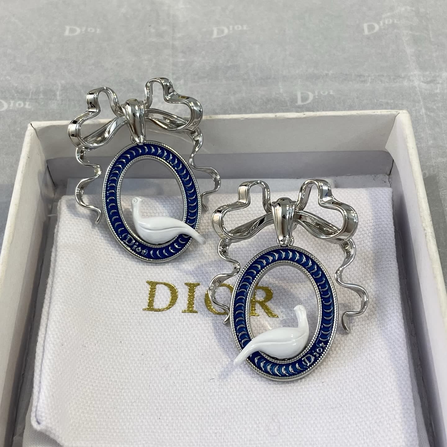 Dior Silver Blue Enamel Dove Earrings