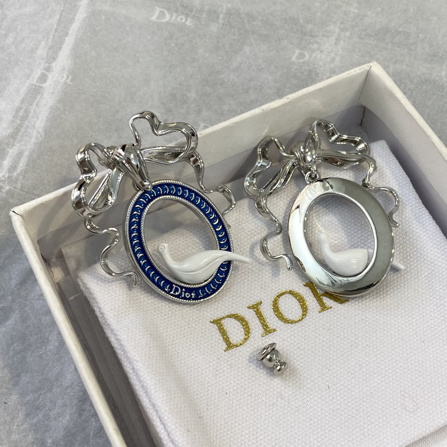 Dior Silver Blue Enamel Dove Earrings