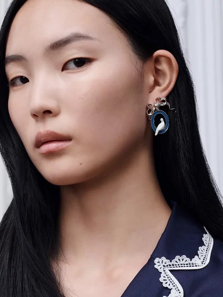Dior Silver Blue Enamel Dove Earrings