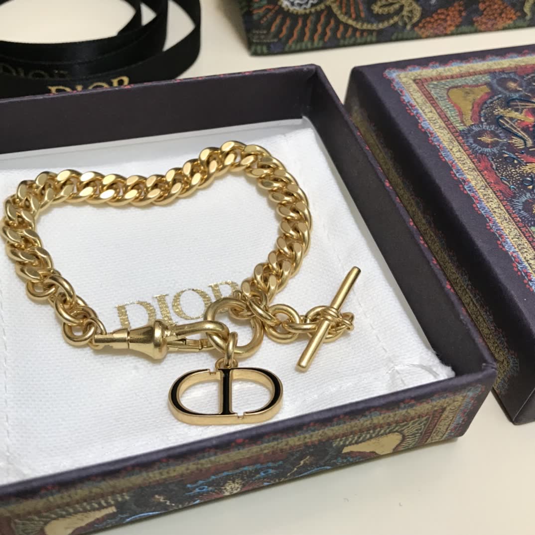 Dior Gold Tone Chain Bracelet with 'CD' Logo and Toggle Clasp