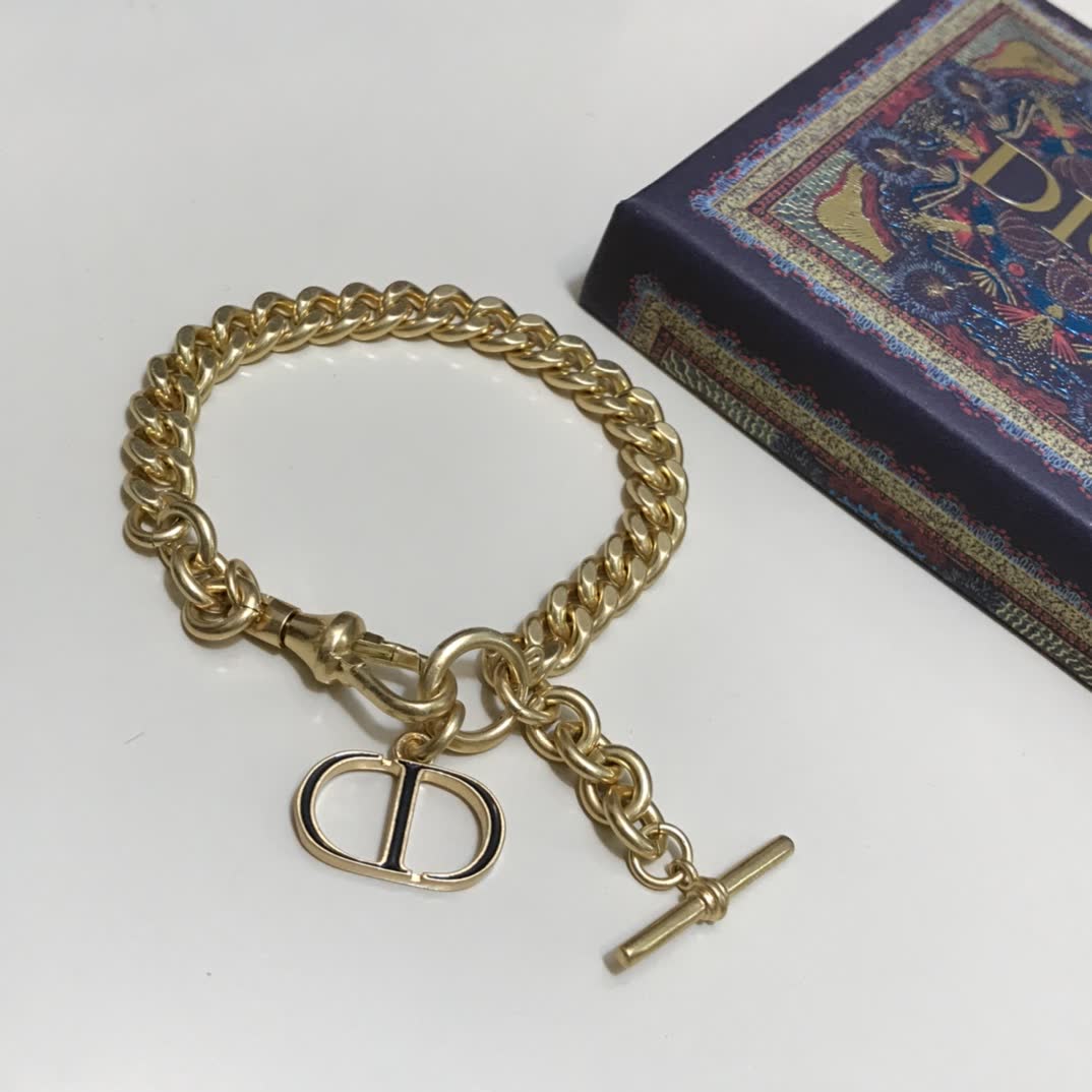 Dior Gold Tone Chain Bracelet with 'CD' Logo and Toggle Clasp