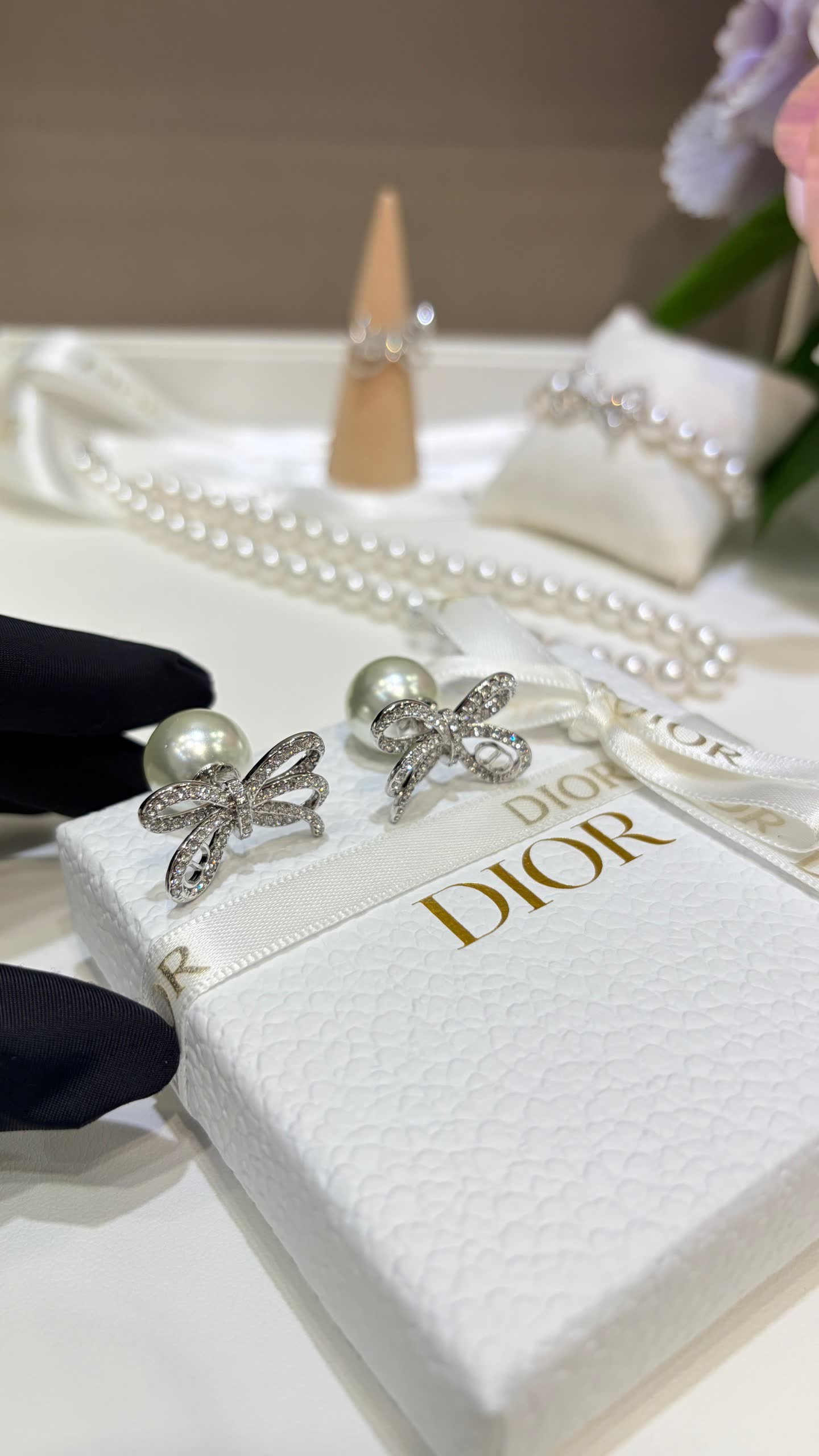 Chanel Silver Bow Earrings with Pearl and Diamonds