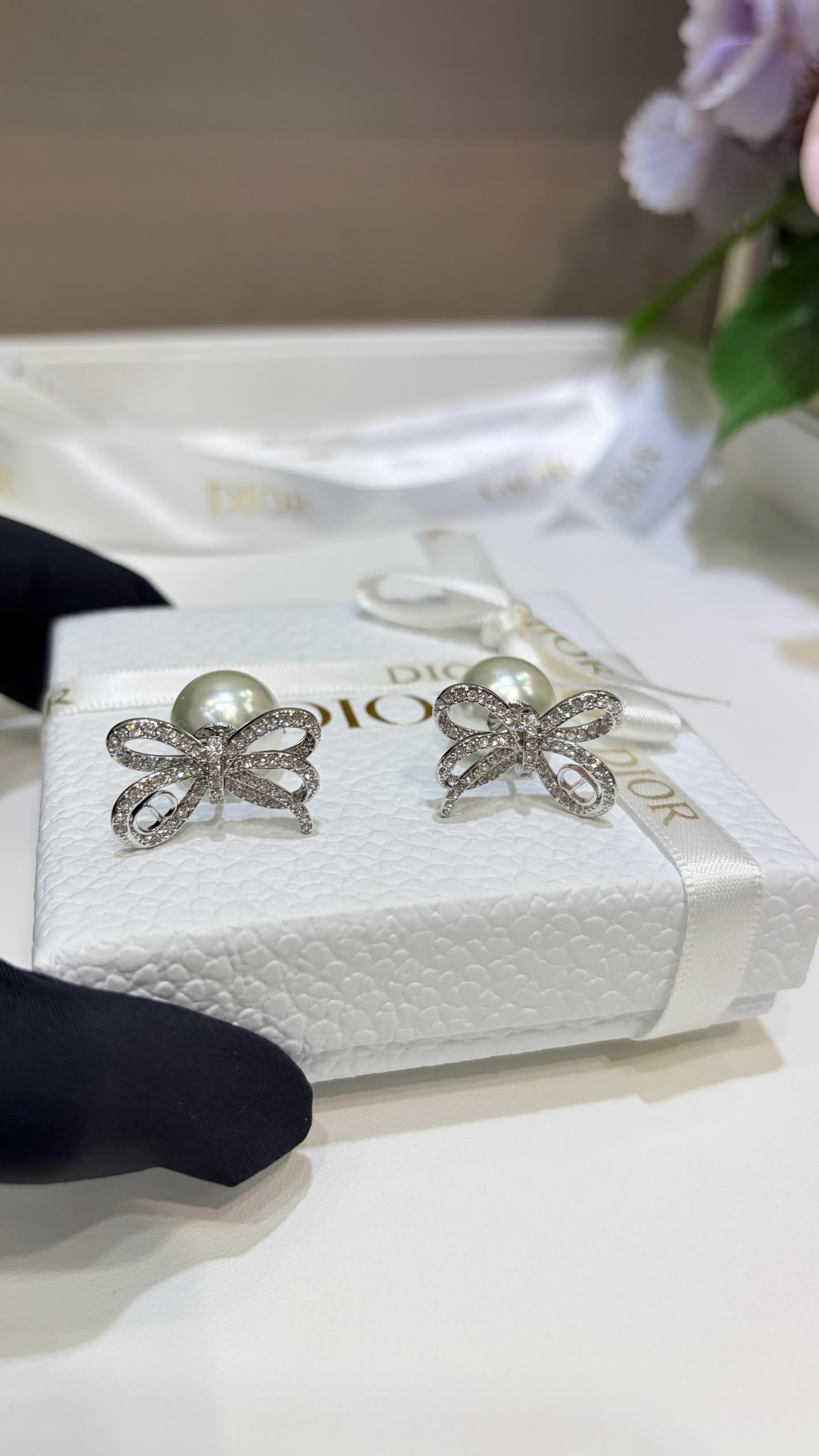 Chanel Silver Bow Earrings with Pearl and Diamonds