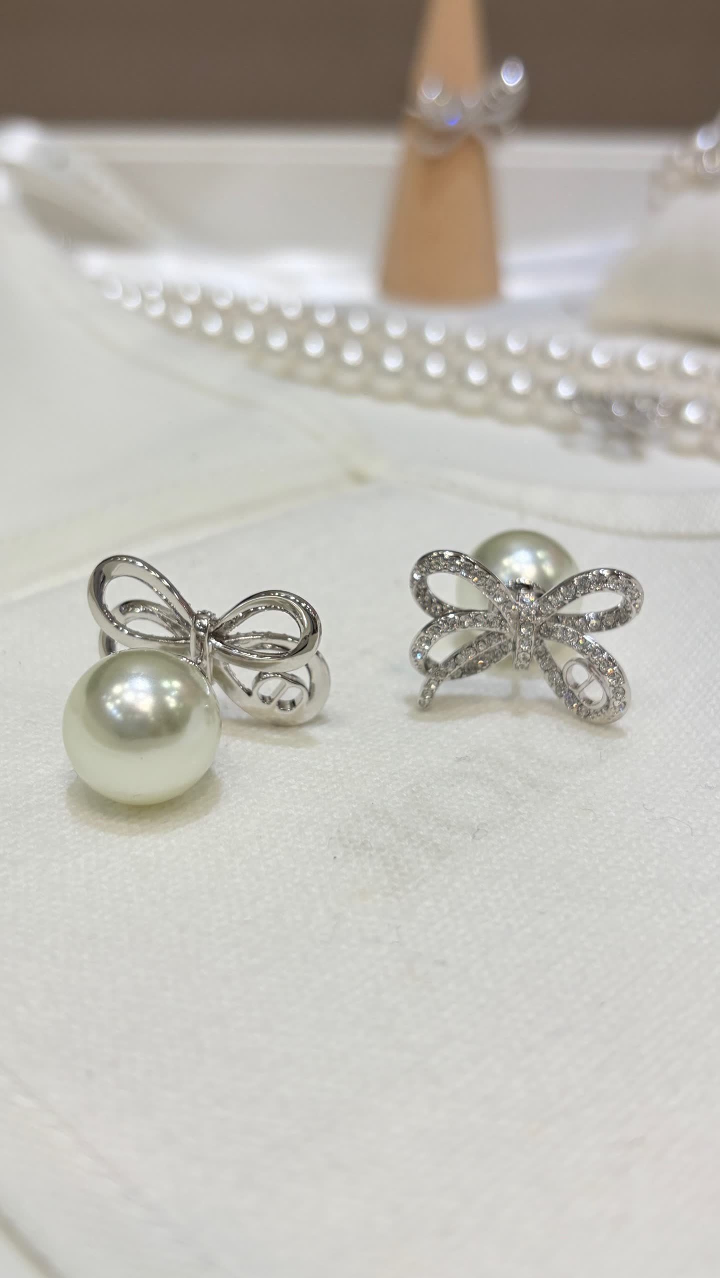 Chanel Silver Bow Earrings with Pearl and Diamonds