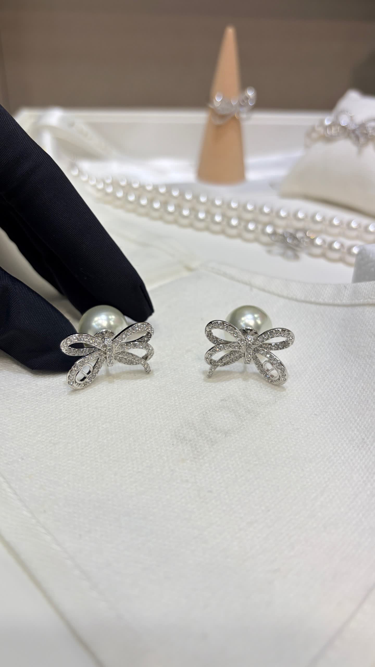 Chanel Silver Bow Earrings with Pearl and Diamonds
