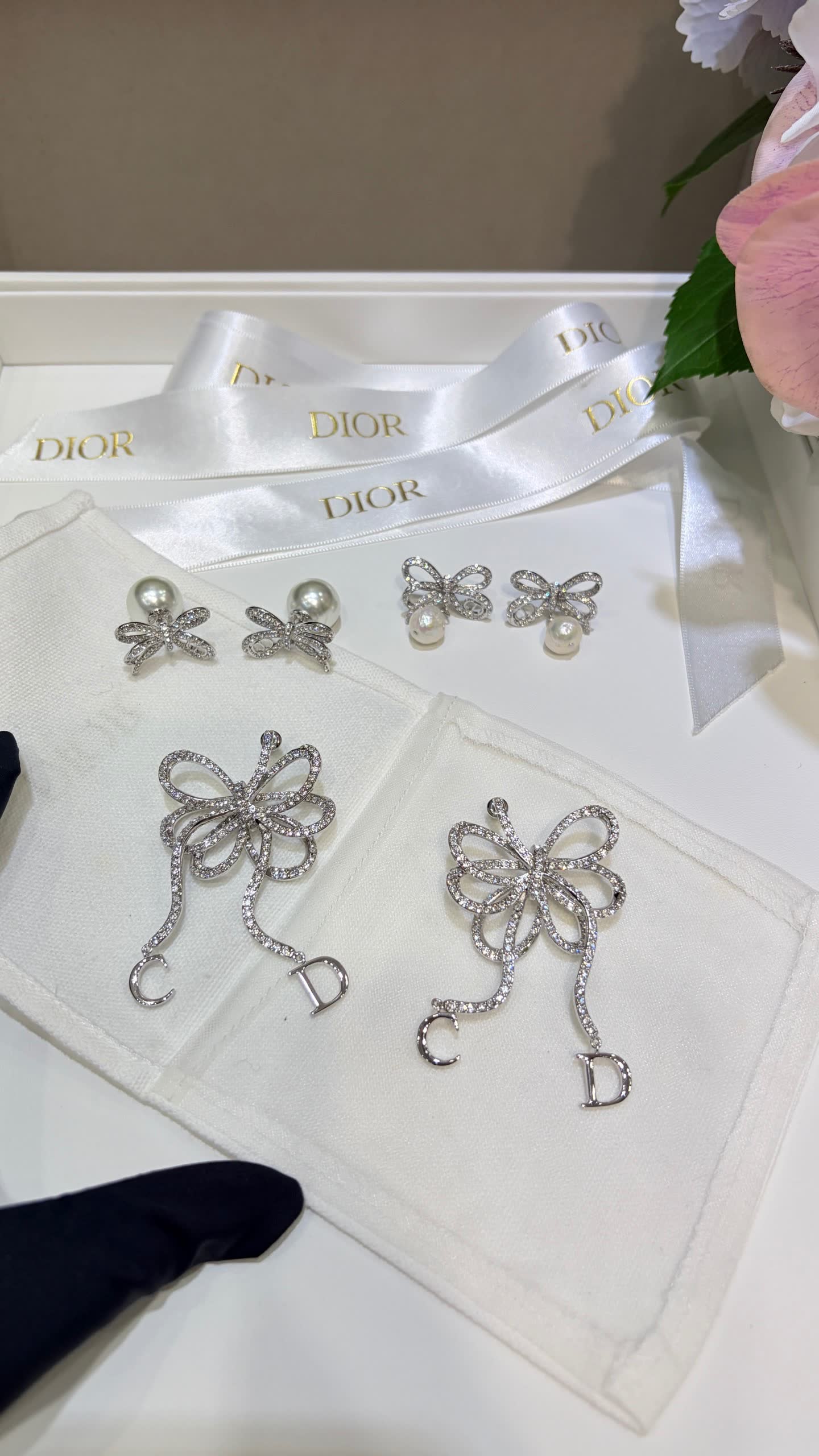 Chanel Silver Bow Earrings with Pearl and Diamonds