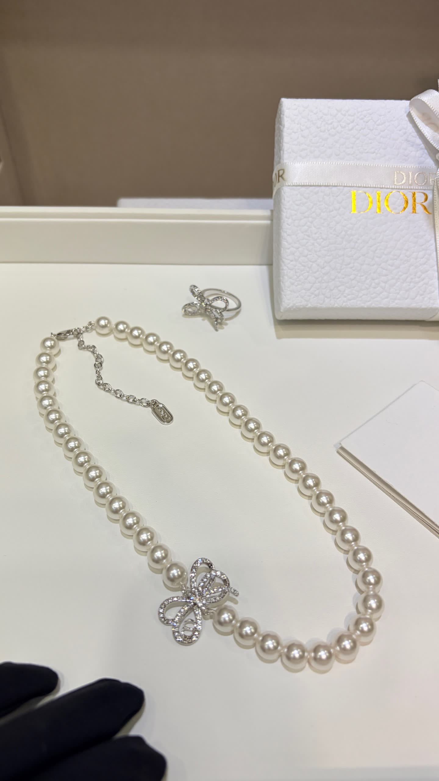 Dior Pearl Necklace with Crystal Bow Clasp