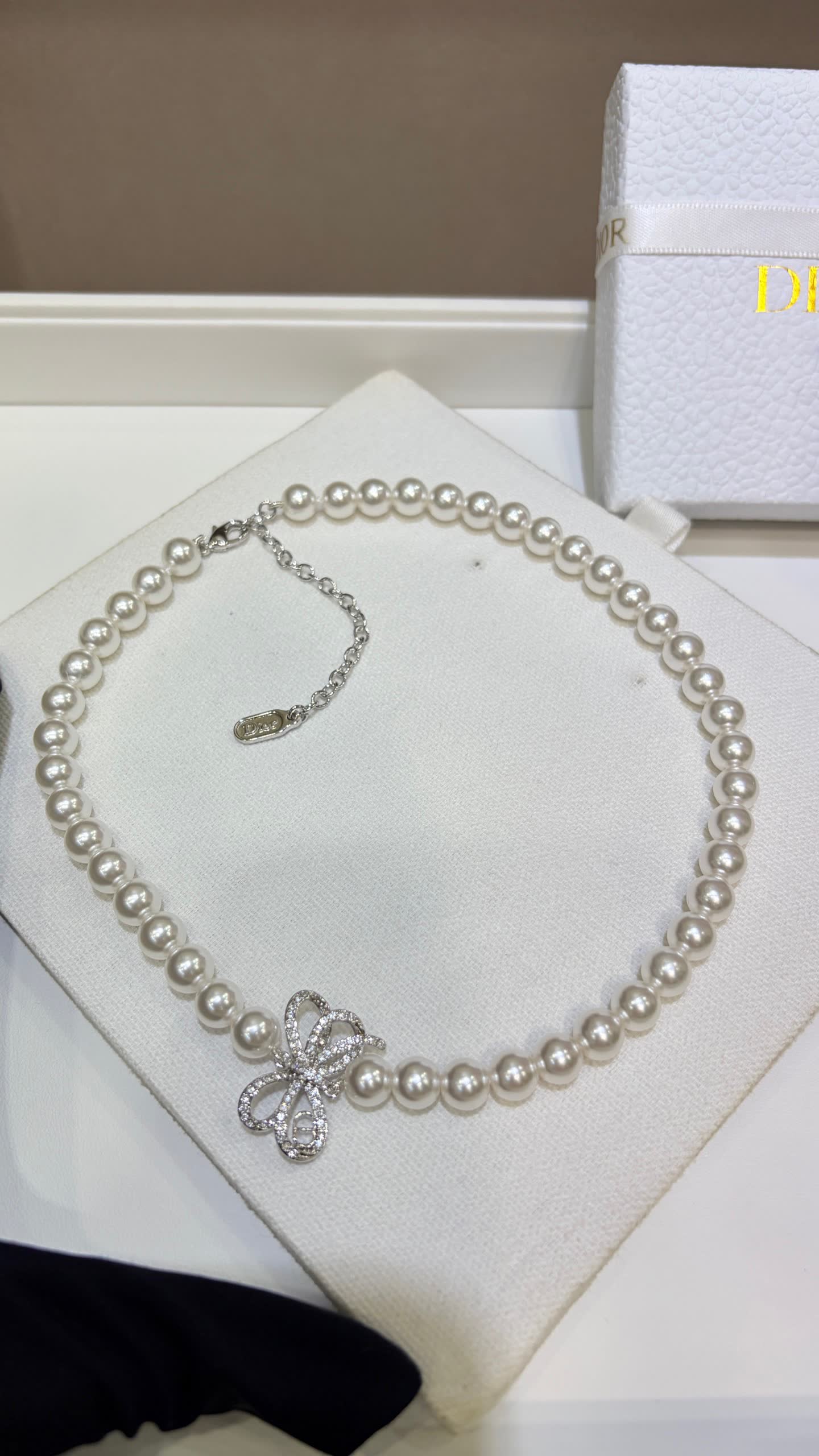 Dior Pearl Necklace with Crystal Bow Clasp