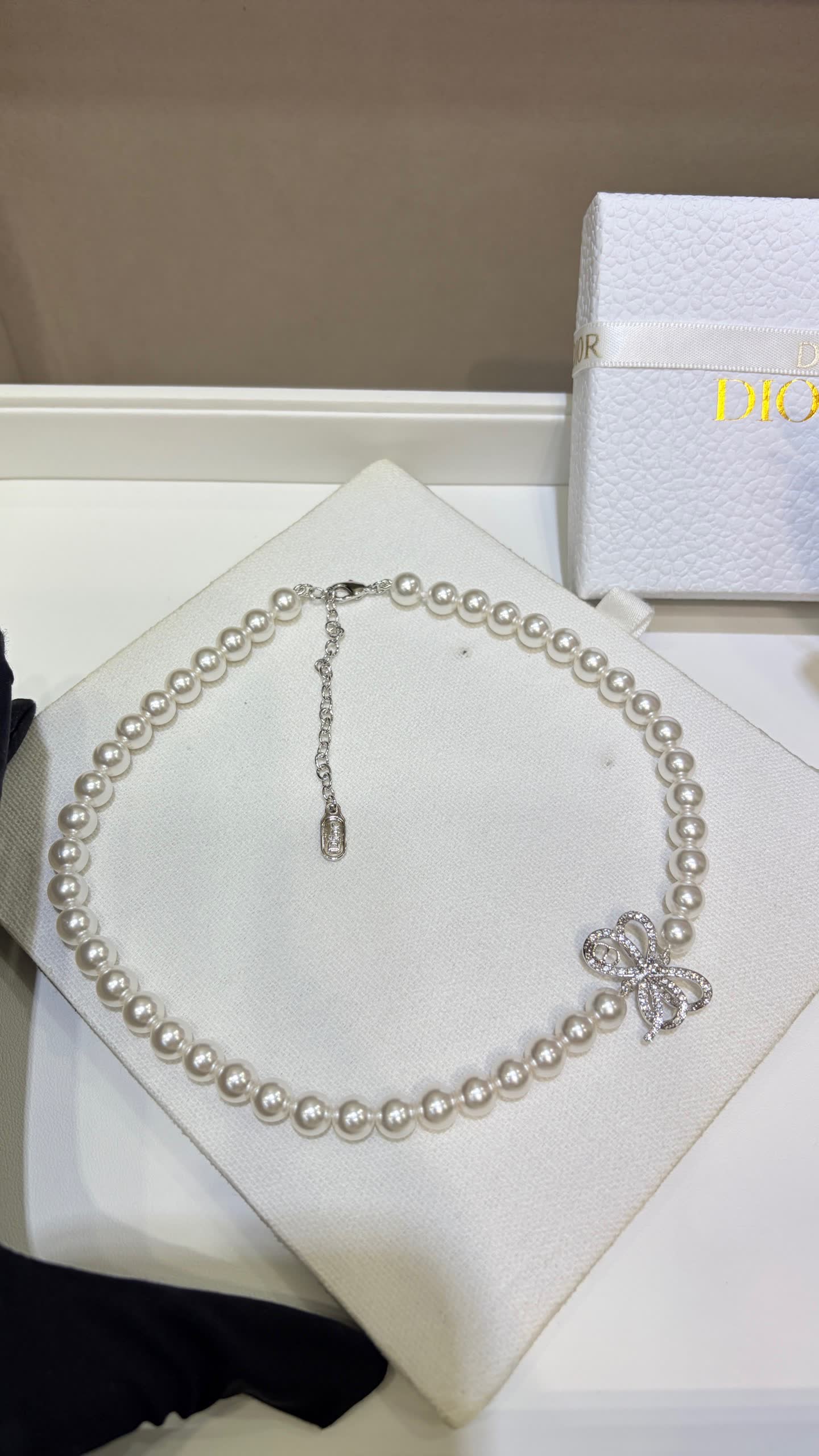 Dior Pearl Necklace with Crystal Bow Clasp