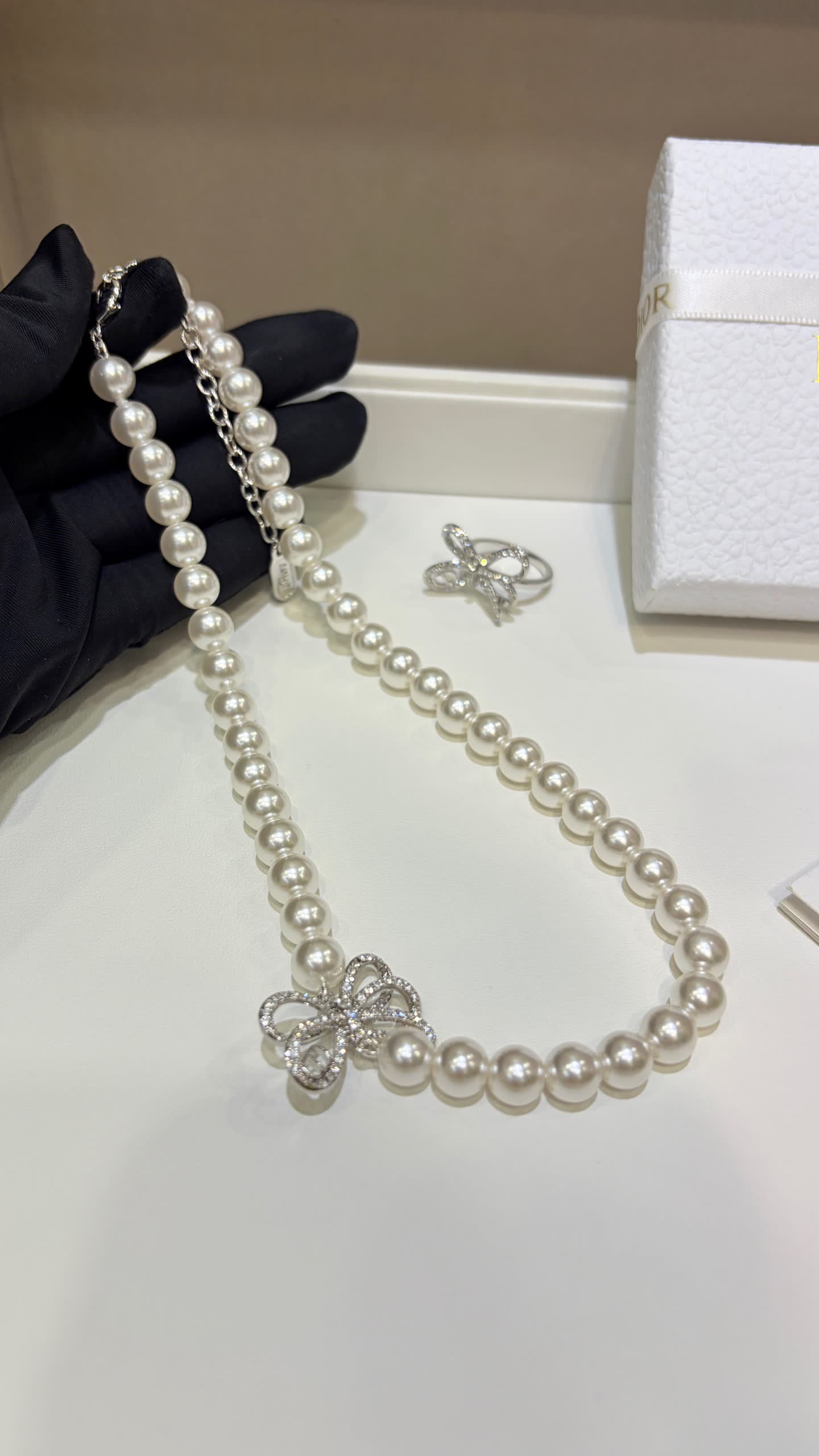 Dior Pearl Necklace with Crystal Bow Clasp