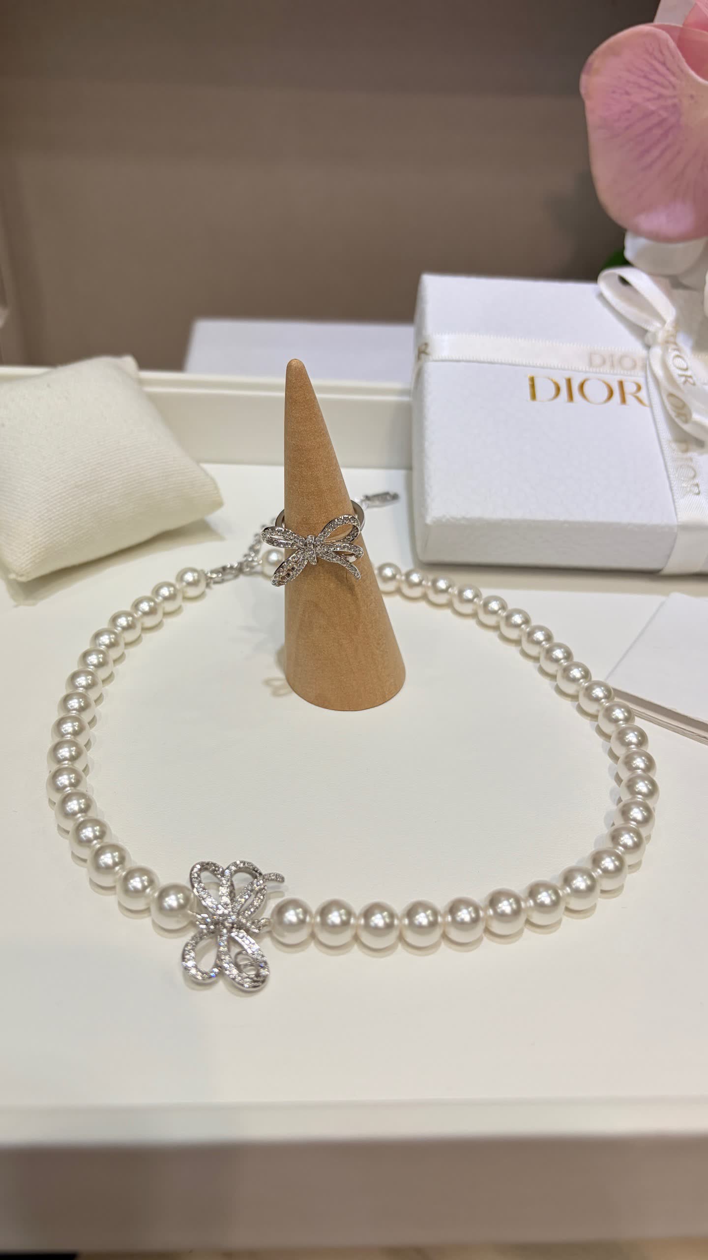 Dior Pearl Necklace with Crystal Bow Clasp