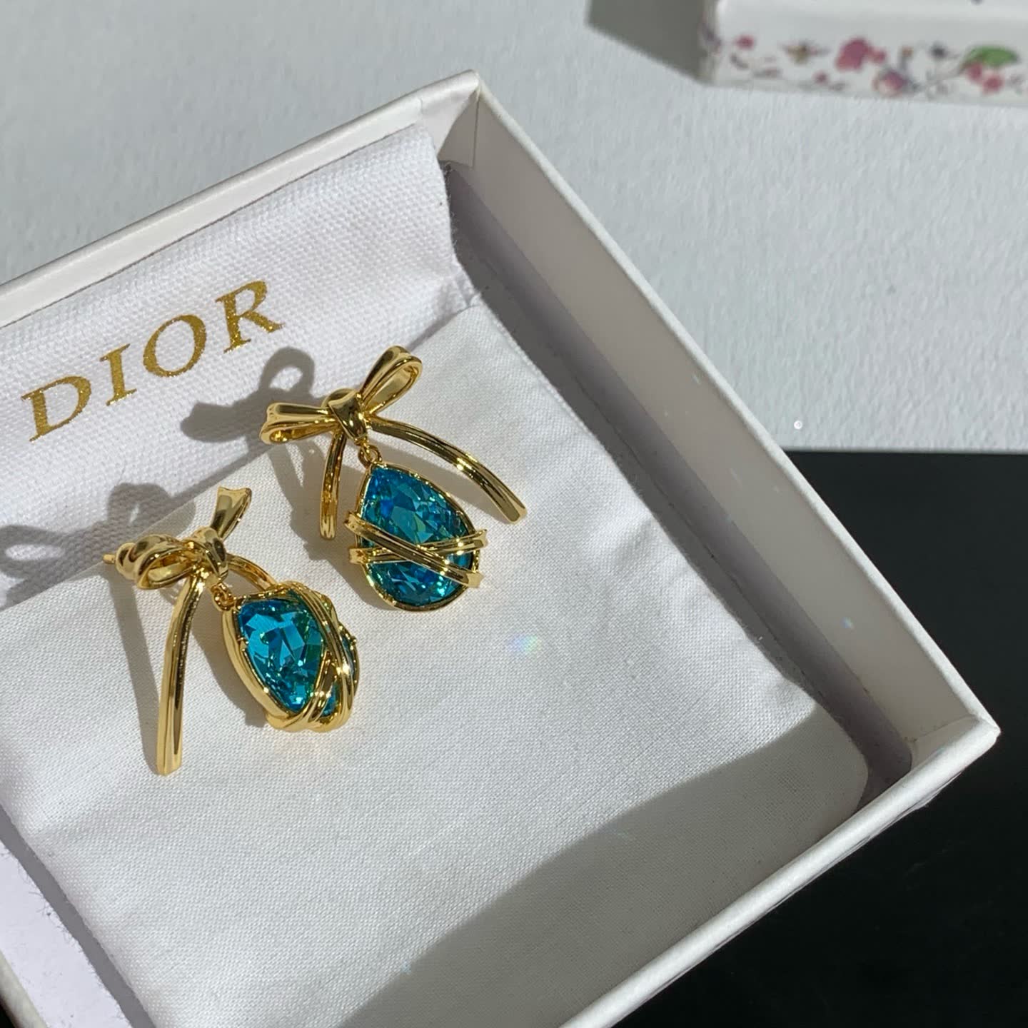 Dior Gold Bow and Blue Gemstone Earrings