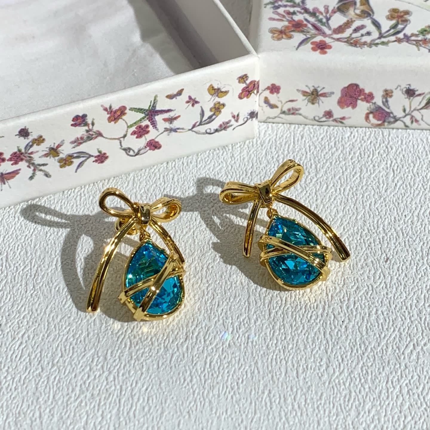 Dior Gold Bow and Blue Gemstone Earrings