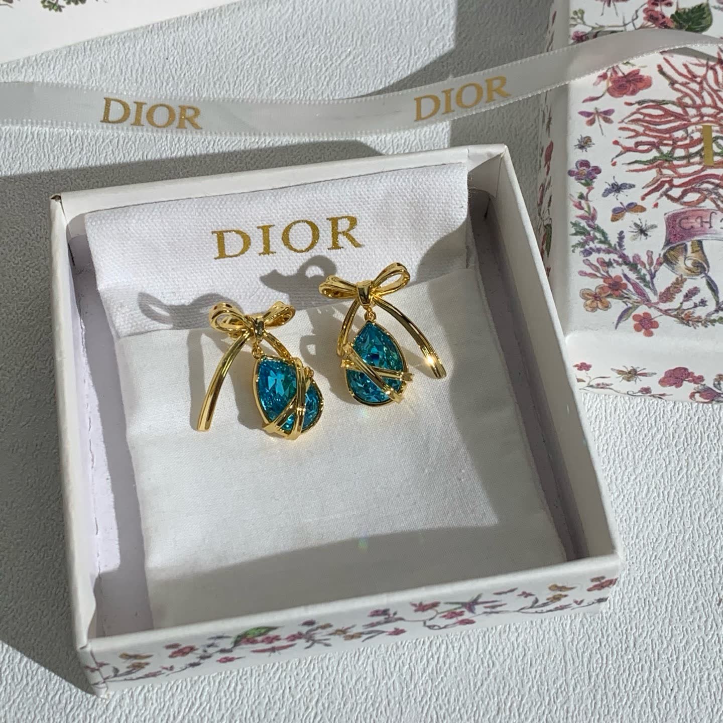 Dior Gold Bow and Blue Gemstone Earrings