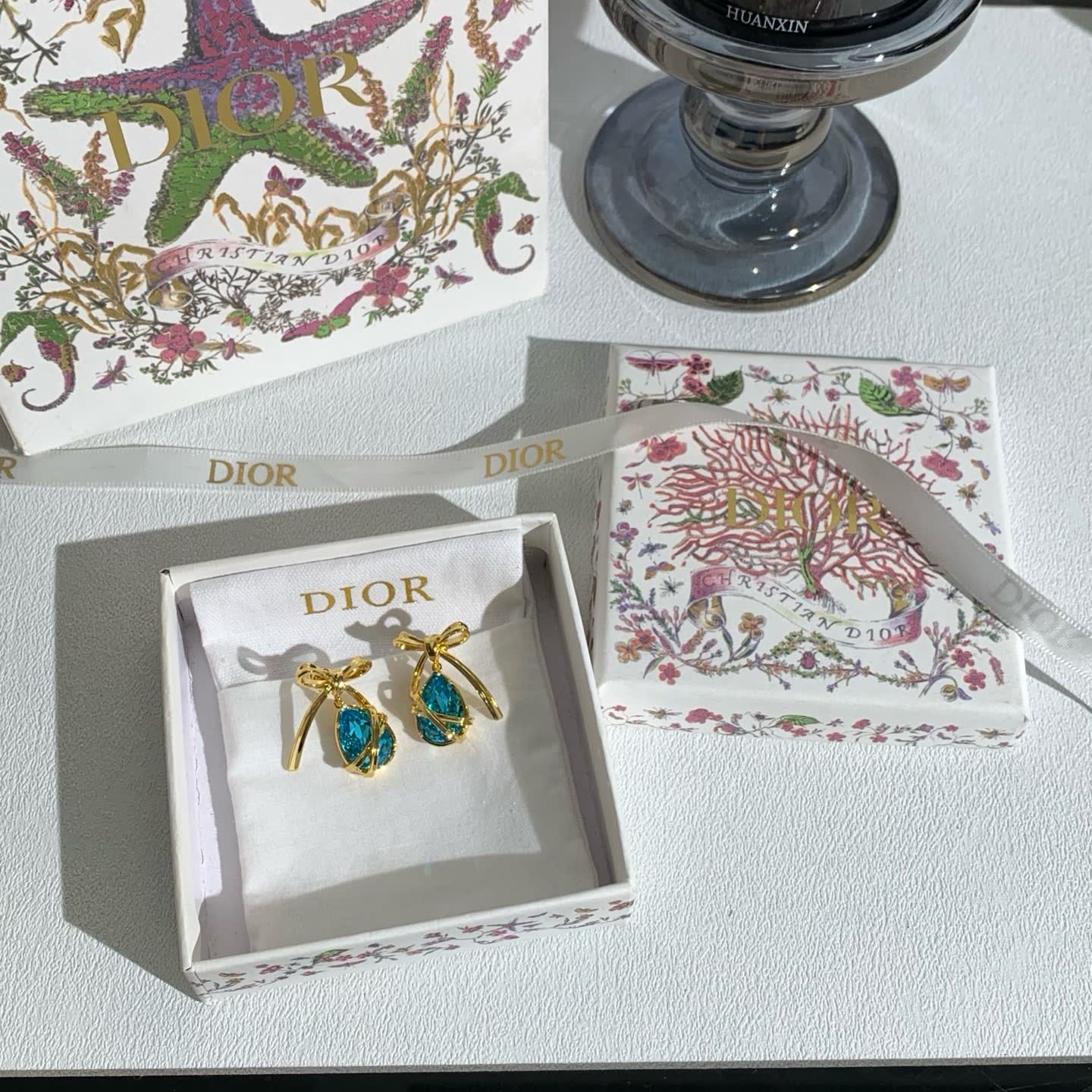 Dior Gold Bow and Blue Gemstone Earrings
