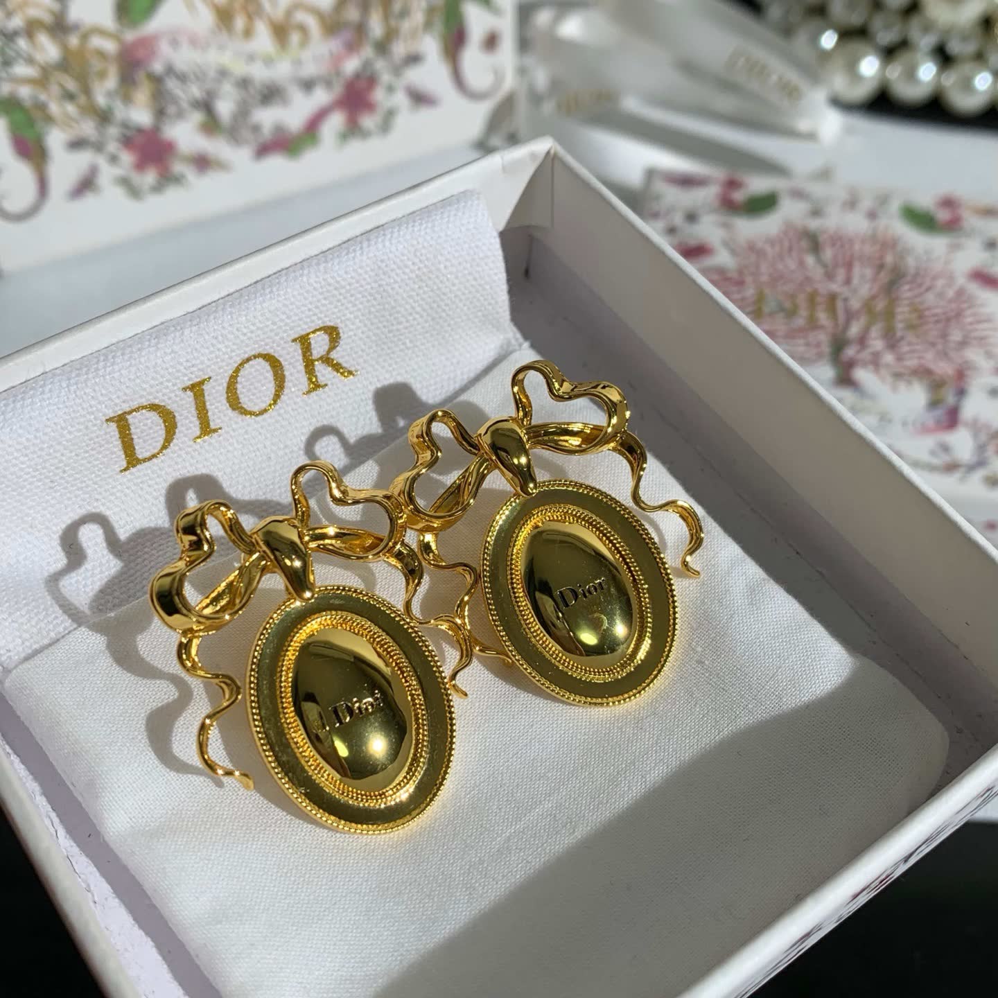Dior Gold Tone Oval Cameo Earrings with Bow Detail