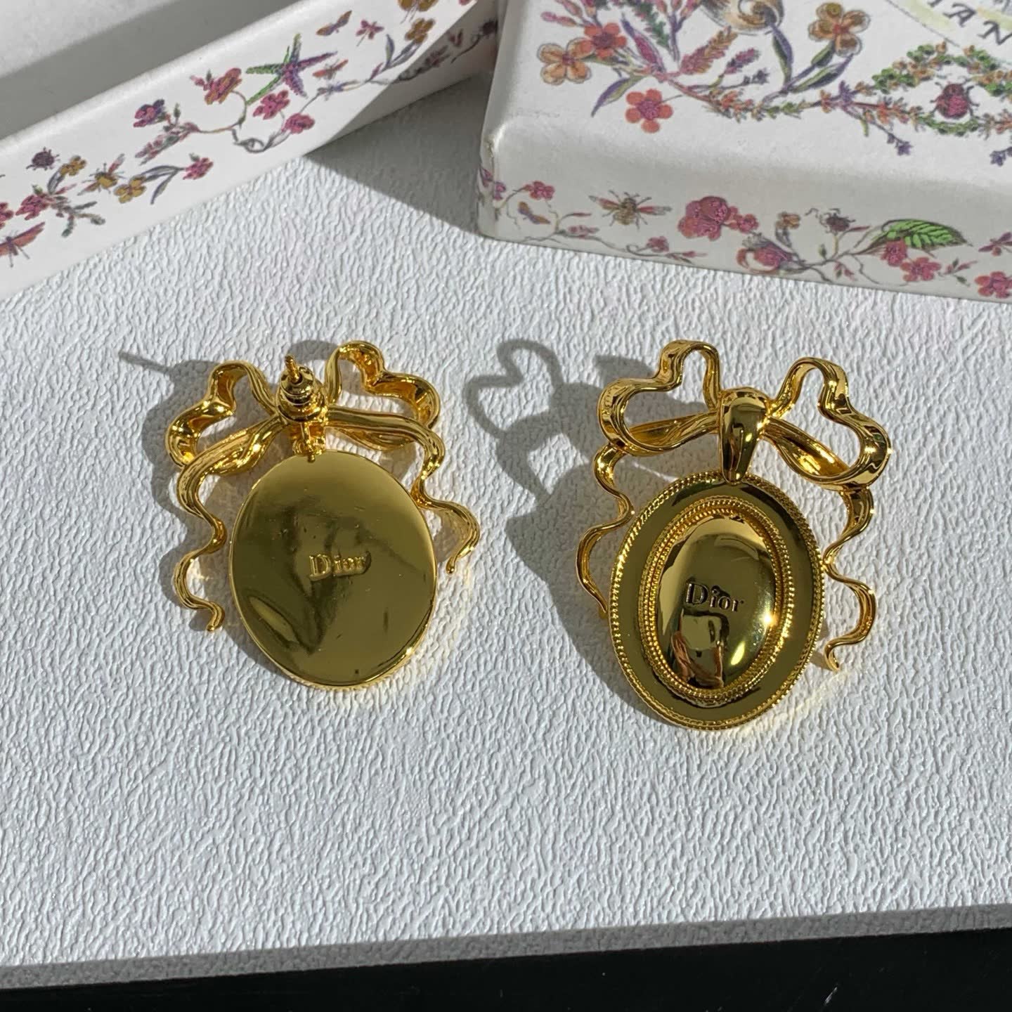 Dior Gold Tone Oval Cameo Earrings with Bow Detail