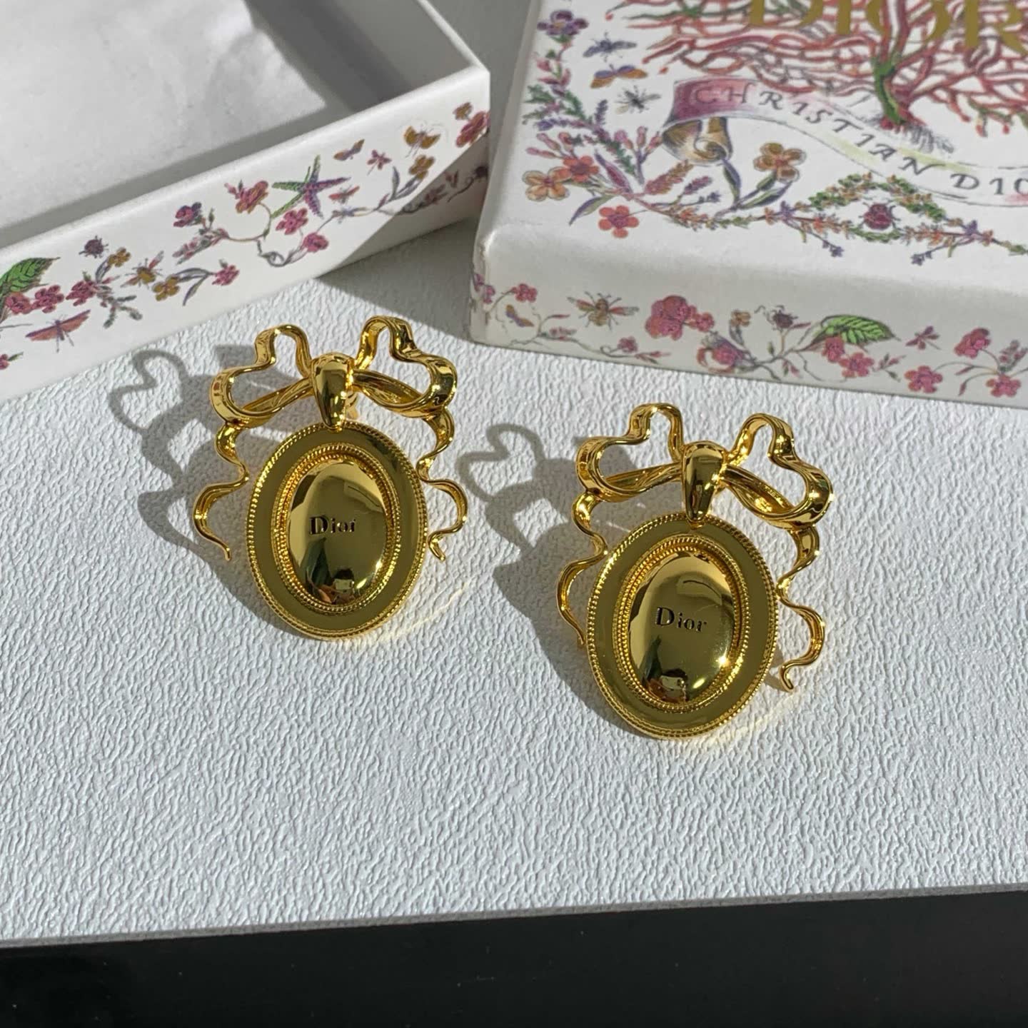 Dior Gold Tone Oval Cameo Earrings with Bow Detail