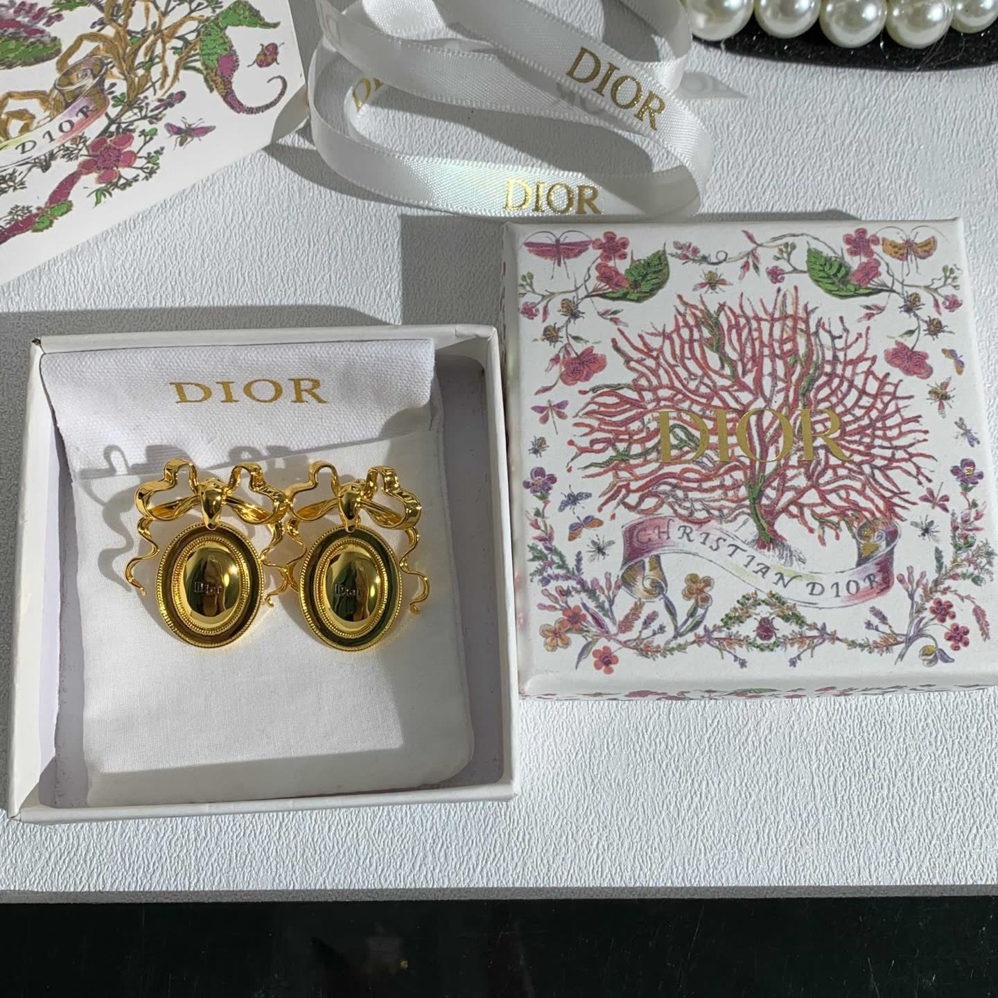 Dior Gold Tone Oval Cameo Earrings with Bow Detail