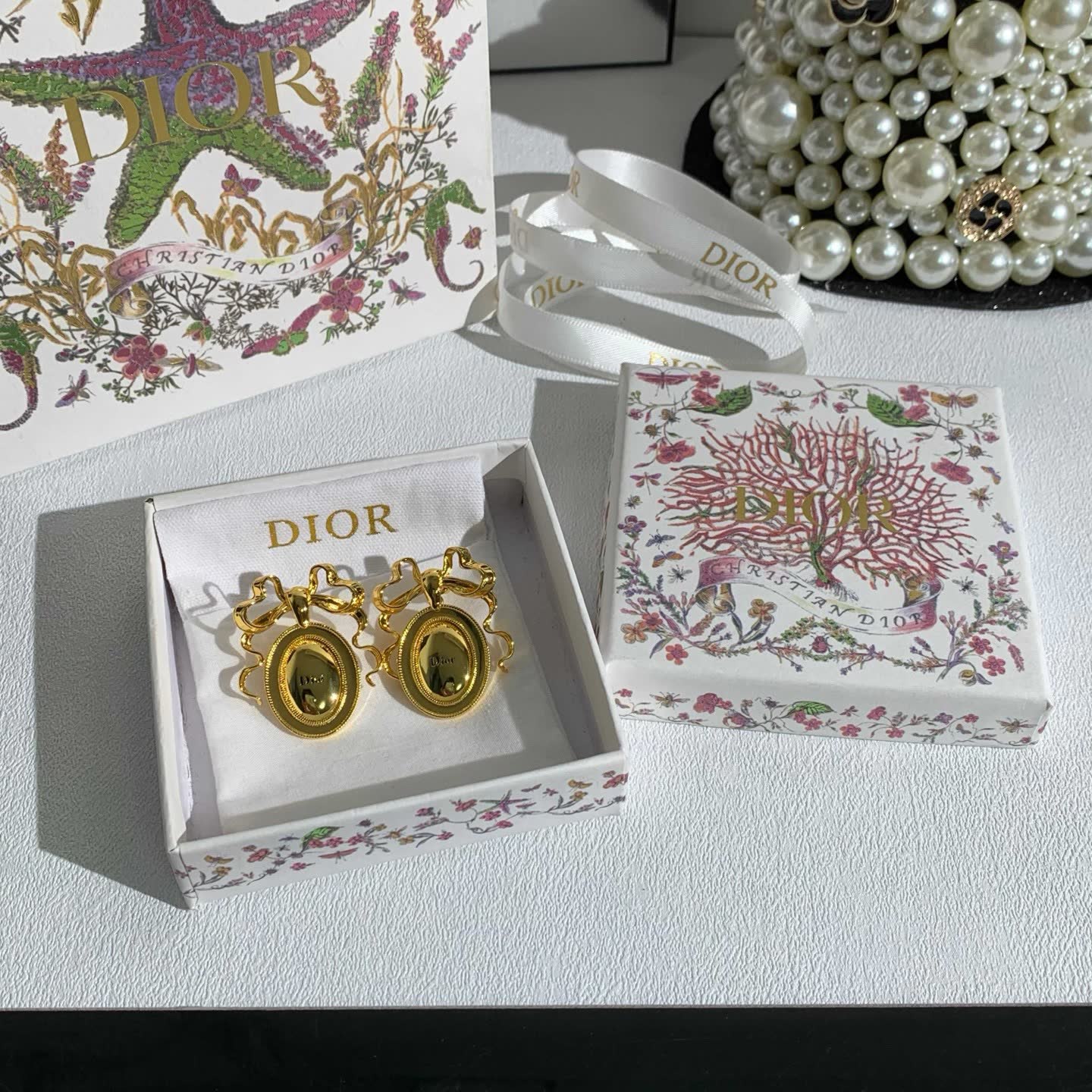 Dior Gold Tone Oval Cameo Earrings with Bow Detail