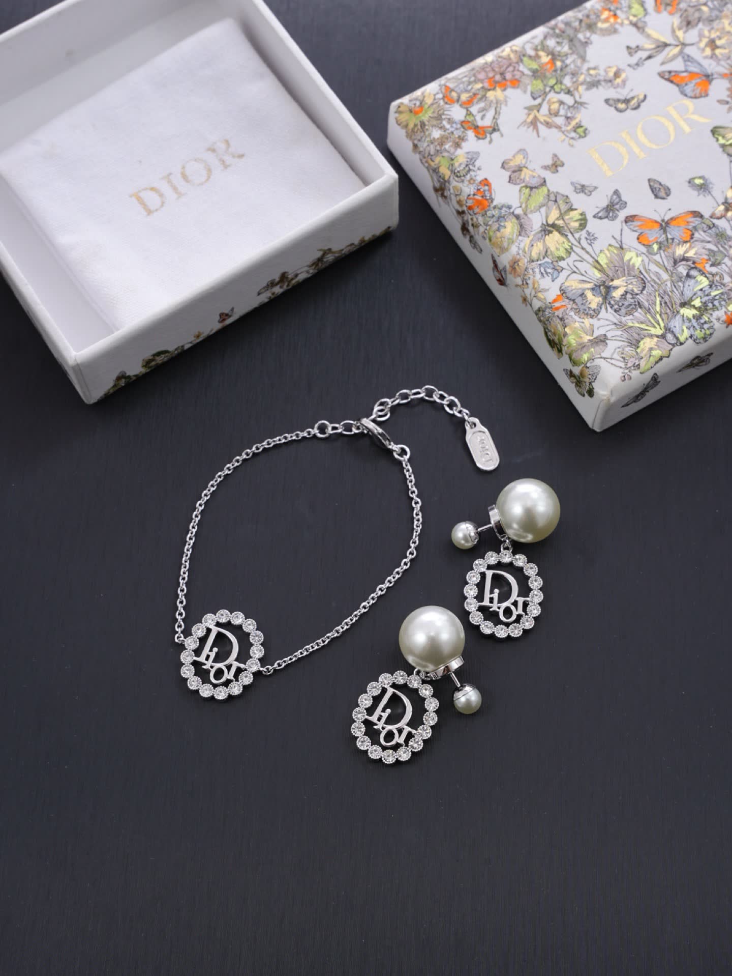 Dior Silver Tone Crystal Logo Bracelet