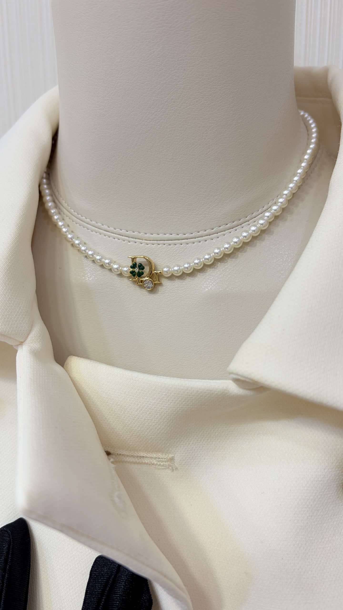 Dior Pearl Earrings with Green Gemstone and Diamond Accents Dior Pearl Earrings with Green Gemstone and Diamond Accents