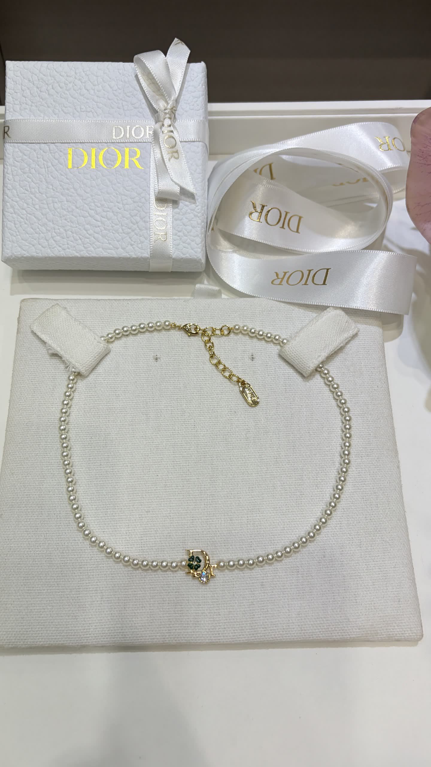 Dior Pearl Earrings with Green Gemstone and Diamond Accents